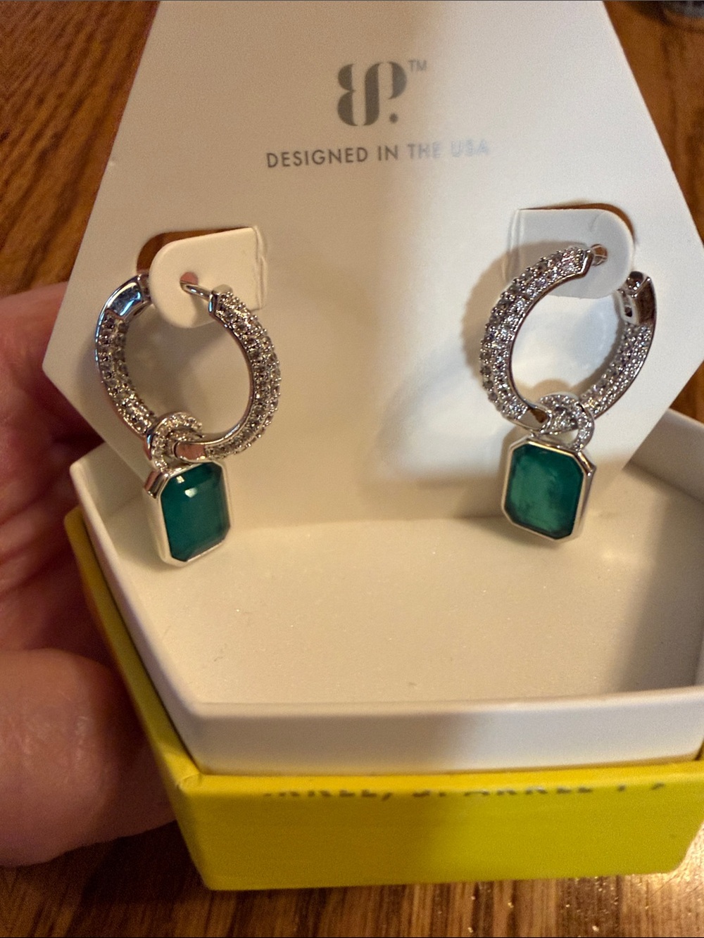 Crystal Pave Hoop Earrings with Emerald Green Gem Drops